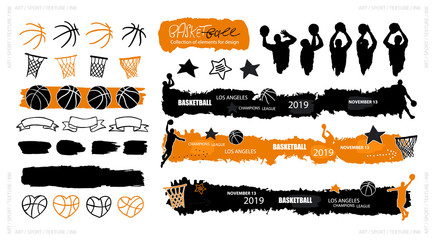 Vector basketball, grunge style, sketch. Sports elements for design banners, flyers, posters, players, balls, hoop, heart, ribbon, long text boxes, stars, backgrounds. Ink splatters. Painted objects.