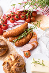 Country smoked sausage, traditional, appetizing home made meat.