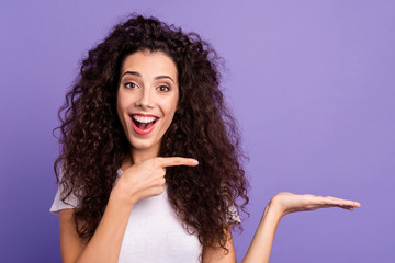 Close up photo beautiful funny her she lady arm index finger indicating directing advising buy...