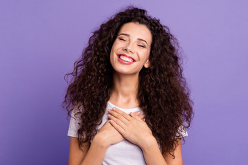 Close up photo beautiful amazing her she lady eyes closed hold both arms hands on chest very...