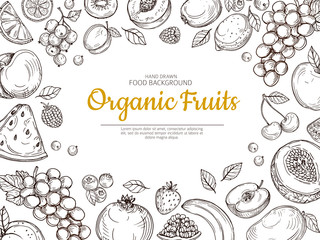 Fruit background. Farmer eco fruits and berries vintage sketch healthy food vector poster. Illustration of healthy fruit berry and melon, lemon and grapes