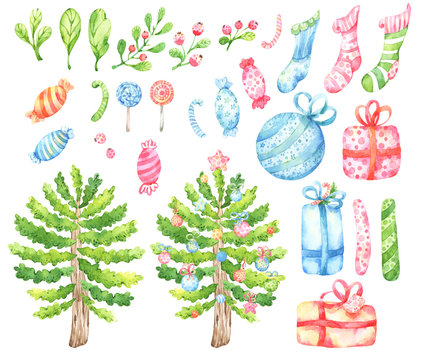 Set of hand painted watercolor illustrations cartoon style Christmas, winter themed including tree, decorations, gifts, candies, branches, berries and leaves