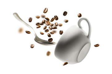 Coffee beans spoon and Cup in flight