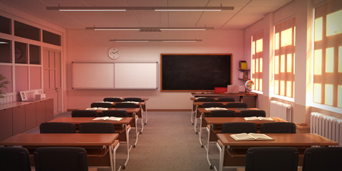 Classroom with table, chairs, panel and school cabinet. Clasroom front view. 3D Rendering.