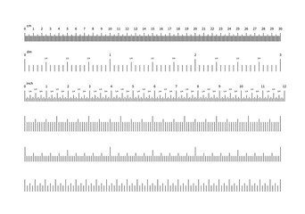 Ruler scale. Inch and cm measuring scales. Horizontal calibration precision size units for rulers and indicators. Vector set of scale ruler, measurement millimeter and centimeter illustration - obrazy, fototapety, plakaty