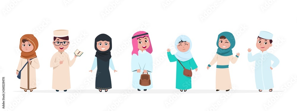 Poster muslim kids. islamic children cartoon characters. school boy and girl in saudi traditional clothes v