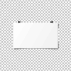 White poster hanging. Mock up empty paper blank. horizontal template.