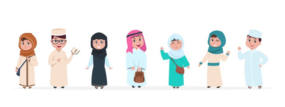 Muslim kids. Islamic children cartoon characters. School boy and girl in saudi traditional clothes vector set. Arab child, muslim and saudi kids, children arabian boy and girl illustration