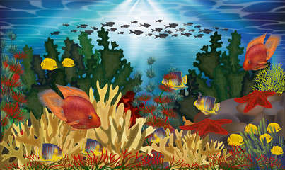 Underwater wallpaper with algae and tropical fish, vector illustration