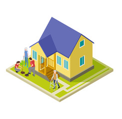 Volunteers help an older couple with garden work isometric vector illustration. Volunteer help older people