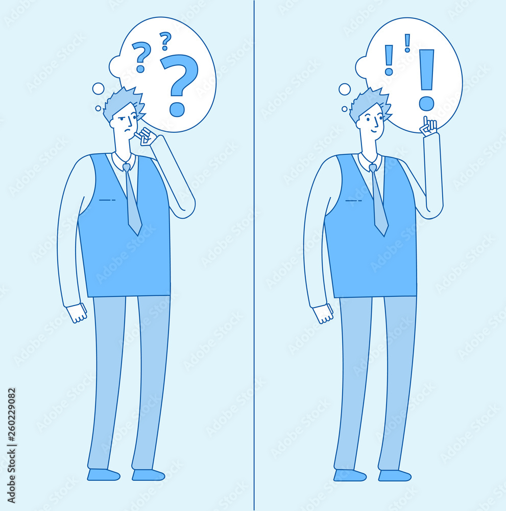 Poster young confused man. thinking student with question marks and person with problem solution. dilemma a