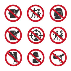 Stop sexual abuse, harassment, violence vector icons set. Illustration of aggression and violence, social sexual prohibited