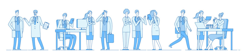 Doctor characters. Doctors talking meeting working on computer laptop. Medical people hospital. Medical education line vector concept. Medical character doctor and physician illustration