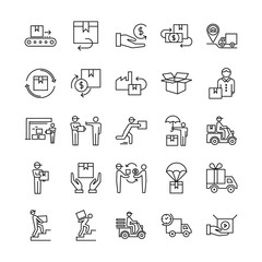 Vector icons for web, infographic or print fast delivery logistic icons big set in flat style. Baggage trolley vector, route, cash, 24 hours, sea shipping, truck trailer, cargo container, warehouse.