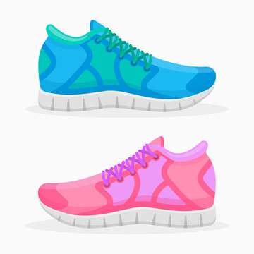 Blue and pink running shoes isolated on white background. Sport sneakers vector illustration.