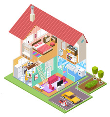 Cutaway house isometric. Housing construction cross section with kitchen bedroom bathroom interior. 3d vector house inside. Bathroom and kitchen isometric interior in home building illustration