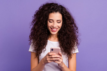 Close-up portrait of her she nice attractive cheerful cheery wavy-haired lady holding in hand...