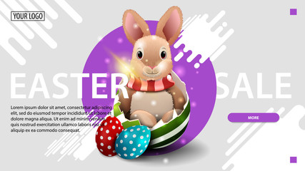 Easter sale, modern white horizontal discount banner with purple circle, button and Easter Bunny in egg