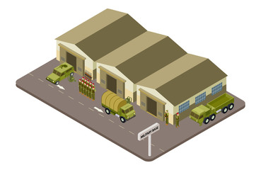 Military base with soldiers and military cars isometric vector concept. Illustration of isometry infantry and army transport