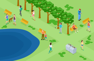Obraz na płótnie Canvas People relaxing and running in the park isometric vector background. Isometric park with people do fitness illustration