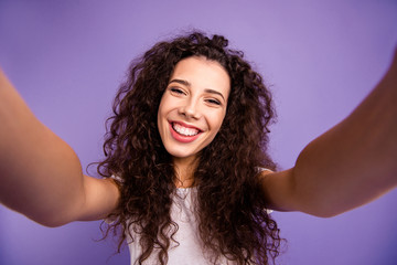 Close up photo amazing beautiful her she lady long wave wealth hair toothy beaming smile make take...