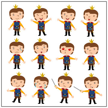 Set of funny prince in cartoon style in different poses isolated on white background