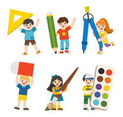 Back to School. Happy school kids with elements of school.