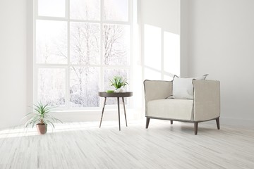White stylish minimalist room with armchair and winter landscape in window. Scandinavian interior design. 3D illustration