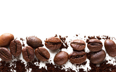 coffee beans and ground coffee border on white background