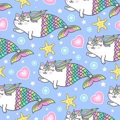 Schilderijen op glas cute unicorn cat mermaids. vector illustration. © Zerlina