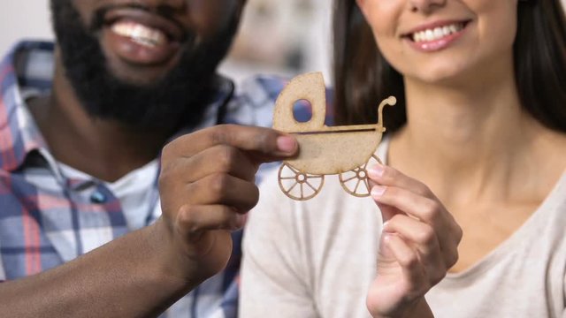 Smiling multi-ethnic couple holding cardboard baby carriage, pregnancy planning