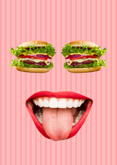 Happy being well fed or full. Face with burgers or sandwich as an eyes and mouth with red lips and...