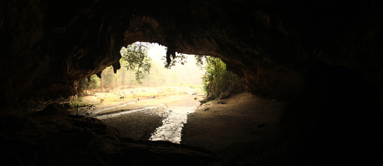 wide angle panoramic view showing the opening of a cave, Thum Lod cave, Bang Ma Pha, in Northern...