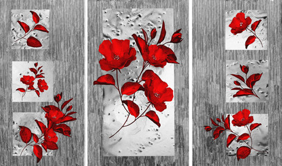 Collection of designer oil paintings. Decoration for the interior. Modern abstract art on canvas. Set of pictures with different textures and colors. Red roses on a gray background.