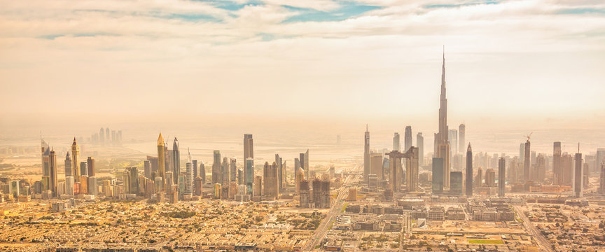 Panoramic Aerial View Of Dubai Skyline, United Arab Emirates