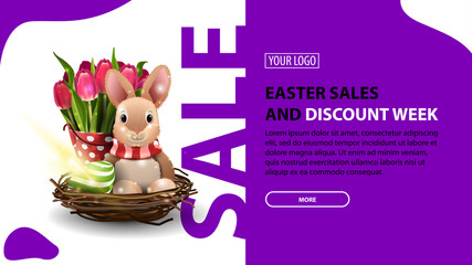 Easter sales and discount week, modern purple horizontal discount banner with button, Easter Bunny and tulips