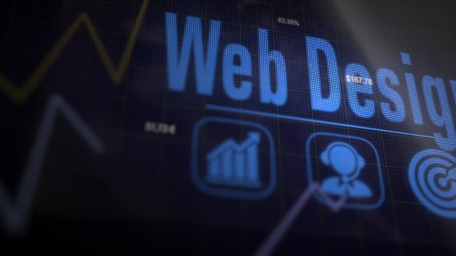 Web Design business concept on a flashing computer monitor with moving graphs and data.