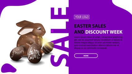 Easter sales and discount week, modern purple horizontal discount banner with button and chocolate Easter Bunny