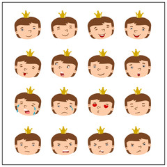 Collection of facial expressions of funny prince in cartoon style with different emotions, isolated on white background.
