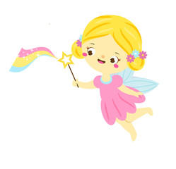 Cute fairy flapping magic wand. Cartoon little flying fairy, pixie, elf girl character