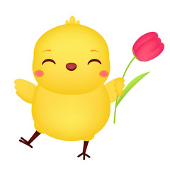 Happy Cartoon chicken with tulip. Cute Easter chick character. isolated vector clip art