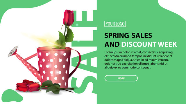 Spring sales and discount week, modern green horizontal discount banner with button and rose in the watering can