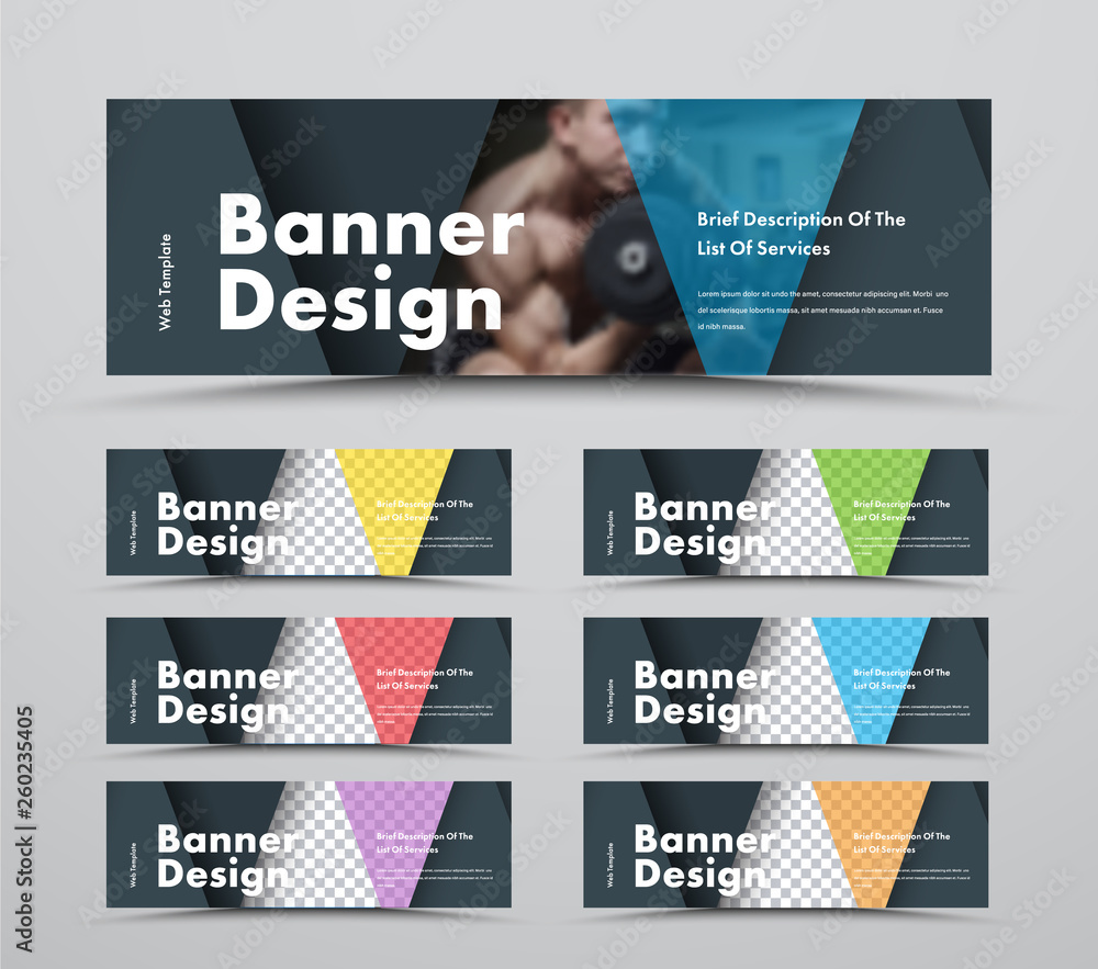 Poster Set of horizontal web banners with triangular intersecting elements and space for photo.