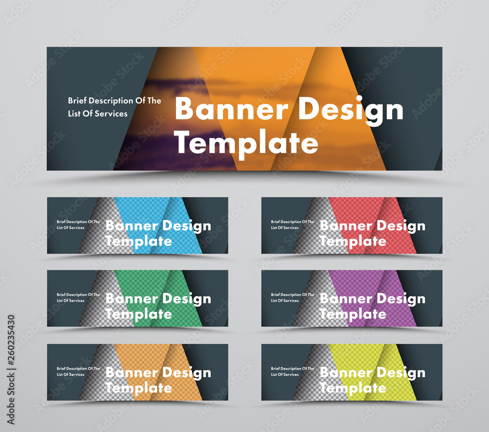 Poster template of horizontal black web banners with triangular intersecting elements and space for a photo