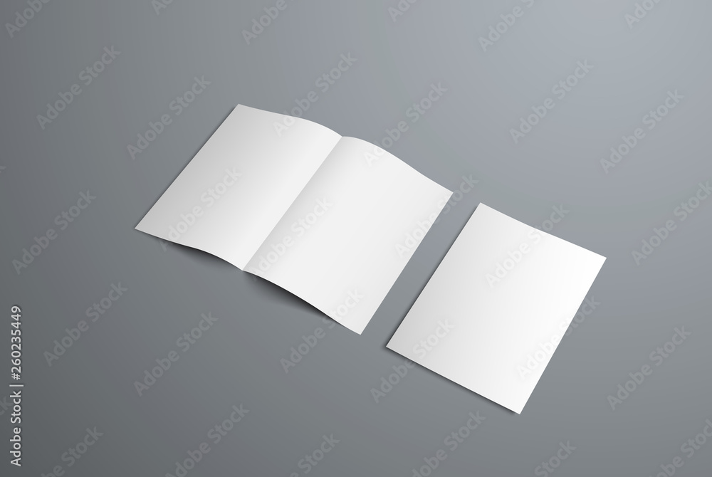 Poster vector mockup of open bifold brochures and covers.