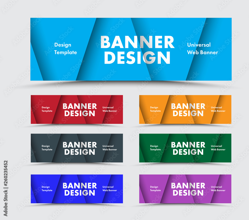 Poster Templates of horizontal multicolored web banners with soaring triangles in the style of material design