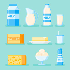 Set of dairy products flat style icon isolated on background. Milk, cheese, butter, yogurt and ice cream. Vector illustration.