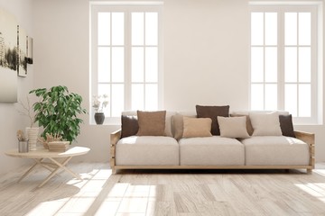 White stylish minimalist room with sofa. Scandinavian interior design. 3D illustration