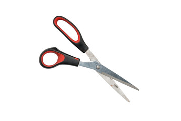 old used black and red scissors, isolated on white