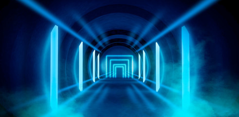 Abstract tunnel, corridor with neon rays and light. Portal additional reality. Abstract background round arch, lamps, light lines.
